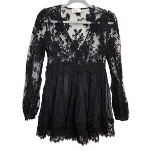 Zimmermann Black Silk Floral Lace Sheer Longsleeve Blouse Top 0